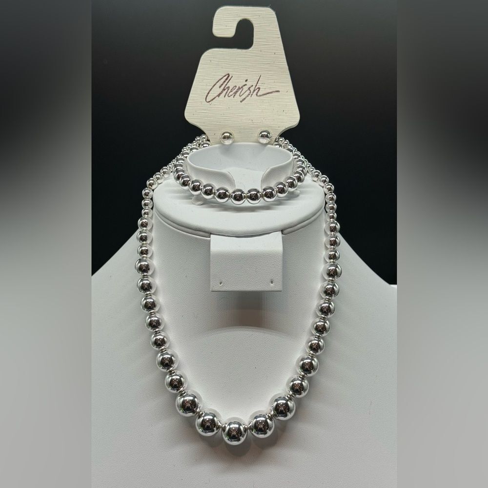 Cherish 3 Piece Silver tone Faux Pearl Necklace Bracelet and Earrings 22 in NWT